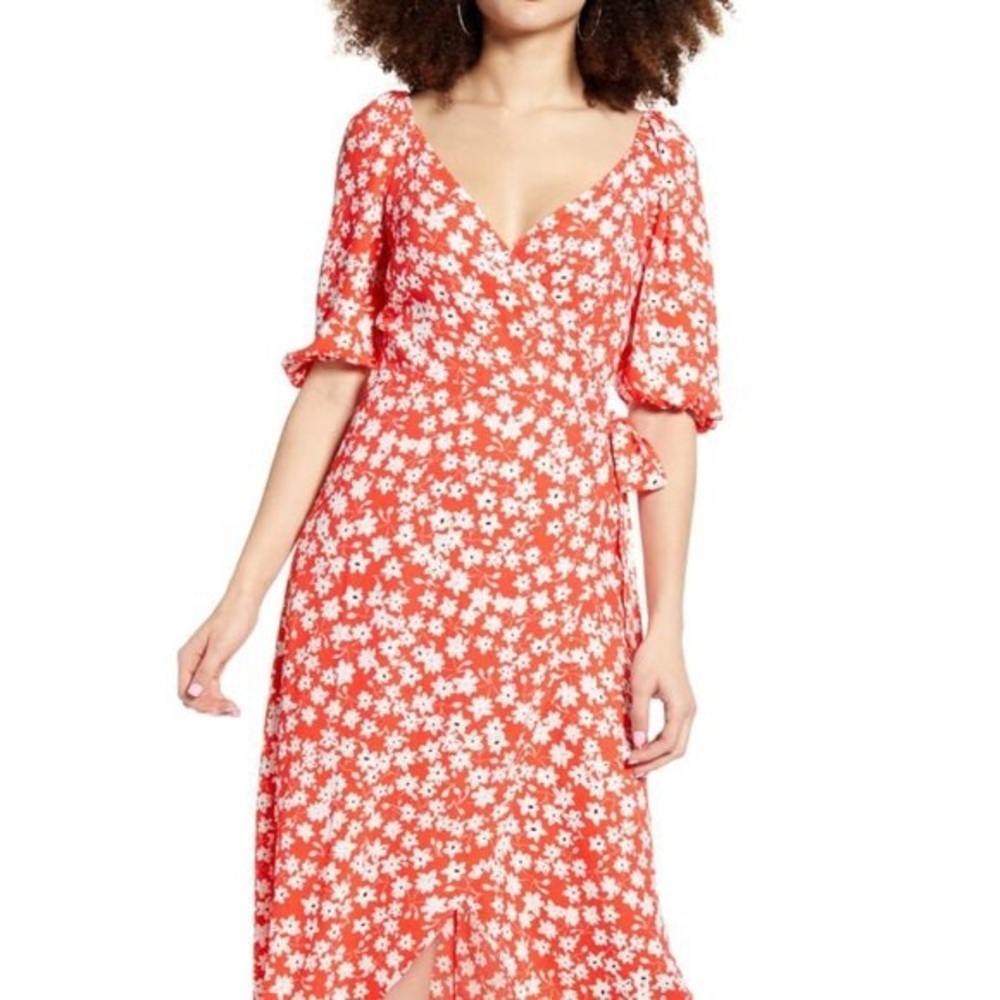 Leith Ditsy Floral Print Midi Wrap Balloon Sleeve Red White Dress Size XS